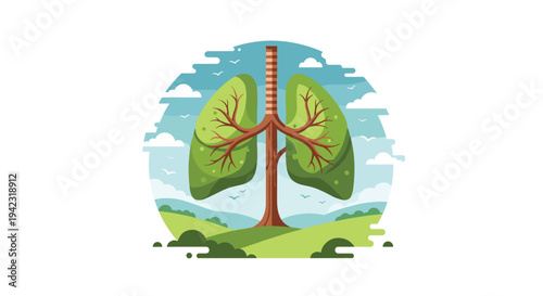 A tree shaped like human lungs, featuring branches as bronchi, stands amidst green hills under a blue sky, all enclosed within a circular frame against a white background.