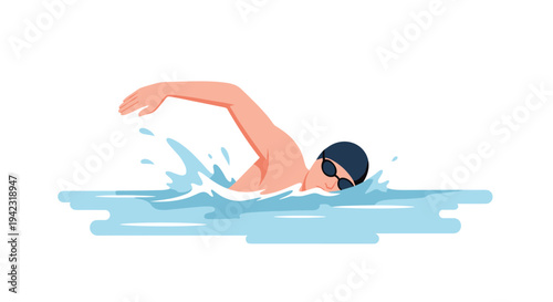 A male swimmer, wearing a dark cap and goggles, executes the crawl stroke in light blue water with energetic splashes against a white background.
