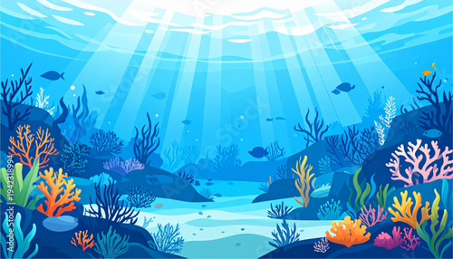 A vibrant underwater ocean scene with coral reef and fish on transparent background