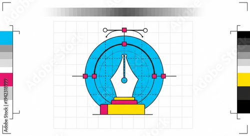 World Graphic Design Day Digital graphic design process for creating a vector drawing tools, anchor points, bezier curves, and color calibration elements on a grid background