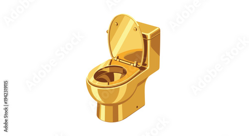 A gleaming golden toilet with its lid open is presented in an isometric view against a clean, bright white background.