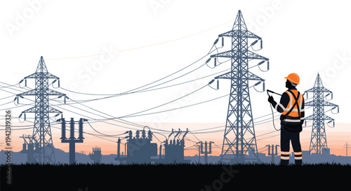 A silhouetted engineer in safety gear stands before numerous towering electricity pylons and transformers against a vibrant orange and pink sunset sky.