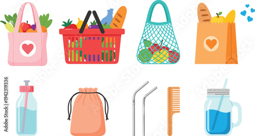 Colorful illustration of eco-friendly reusable items including shopping bags, water bottle, straws, comb, and jar, symbolizing sustainability, zero waste lifestyle, and creative artwork projects