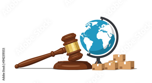 A wooden judge's gavel rests beside a blue and white globe and a stack of cardboard shipping boxes on a clean white surface.