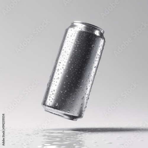 Silver aluminum can with water droplets on white surface silver can beverage can