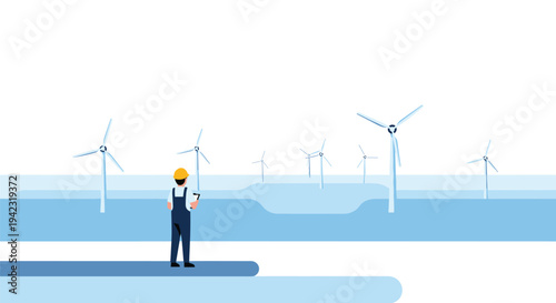 A lone engineer in a hard hat and overalls stands observing a field of numerous white wind turbines against a clear blue and white sky.