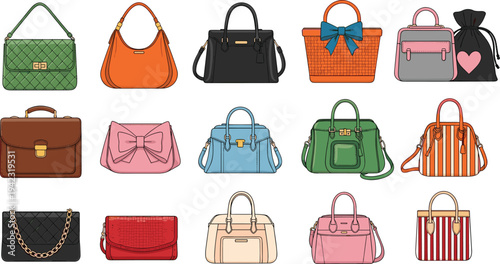 Colorful illustration of sixteen fashionable handbags in grid arrangement, showcasing diverse styles, accessories, patterns, and designs, symbolizing fashion, trends, elegance, and creati