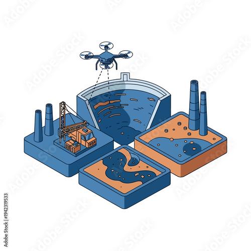 Isometric illustration of industrial processes, featuring a drone surveying a large tank, a construction site with a crane, and areas with raw materials or waste.