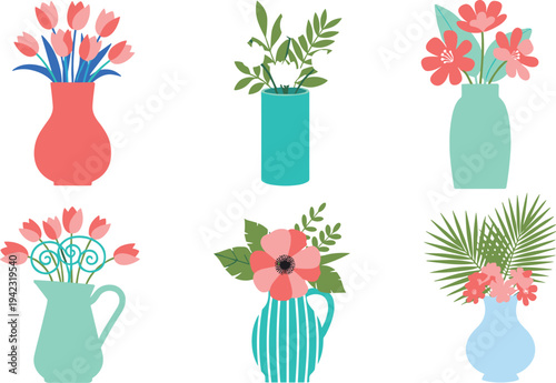 Colorful illustration of six unique flower arrangements in vases and pitchers, showcasing tulips, palm leaves, and decorative blooms, symbolizing floral design, home decor, and creative artwor