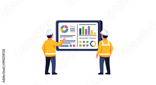 Two construction workers in yellow jackets and white hard hats analyze a large digital dashboard displaying charts and graphs.