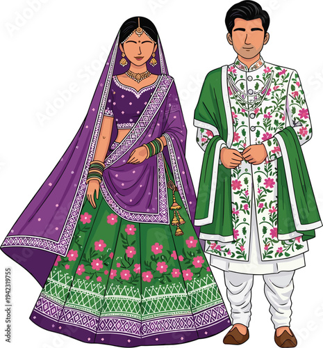 Colorful illustration of traditionally dressed Indian couple in wedding attire with lehenga choli and sherwani, symbolizing culture, fashion, celebration, heritage, and creative artwork projects