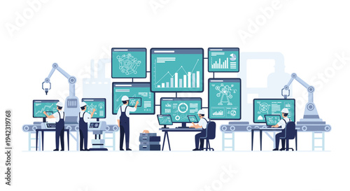 Multiple workers in hard hats and overalls operate computers and robotic arms on an assembly line, monitoring data dashboards.