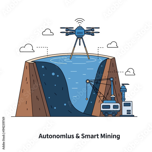 Autonomous and smart mining operations with drone surveying an open-pit mine and heavy machinery.