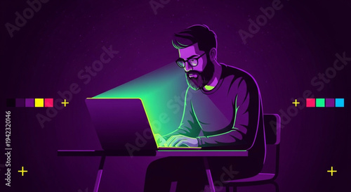 World Graphic Design Day Concentrated professional immersed in digital creation, illuminated by the vibrant glow of a laptop screen in a futuristic setting, depicting focused development