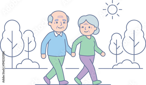 Elderly couple enjoying longevity lifestyle and health care while walking hand in hand outdoors together