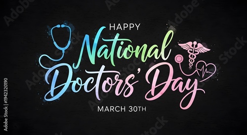 National doctors day greeting card with stethoscope and caduceus on black background