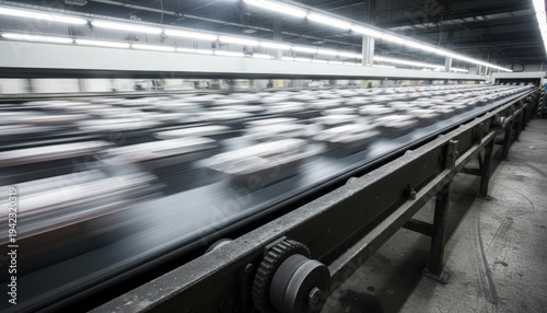 Fast Moving Industrial Conveyor Belt In A Modern Factory Illustrating Manufacturing Automation And Efficiency
