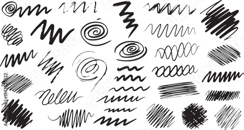 A collection of authentic, raw hand-drawn scribbles, chaotic pencil strokes, and abstract pen doodles. 