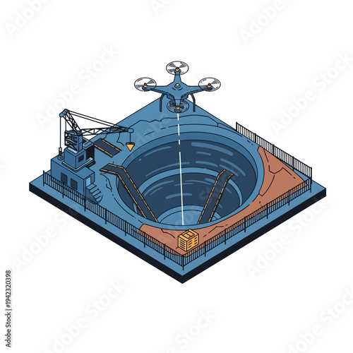 Isometric illustration of a drone overseeing a deep data pit with conveyor belts and a crane, symbolizing data mining and digital information.