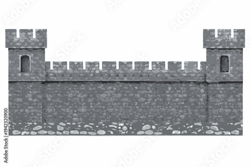 A gray stone castle wall with towers and a crenellated top
