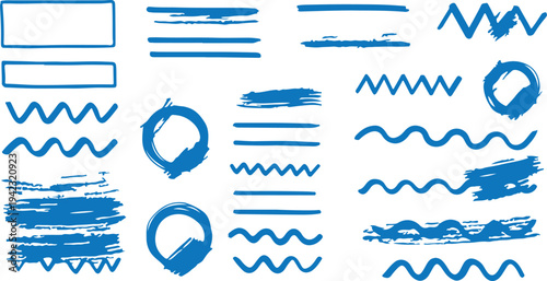 A specialized set of blue hand-drawn vector elements, including wavy lines, textured circles, and marker strokes. 