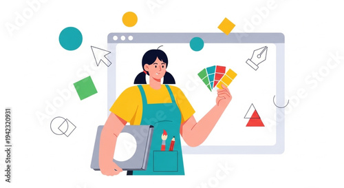 World Graphic Design Day Graphic designer working on a project with digital tools and color palettes, illustrating creative process and design workflow