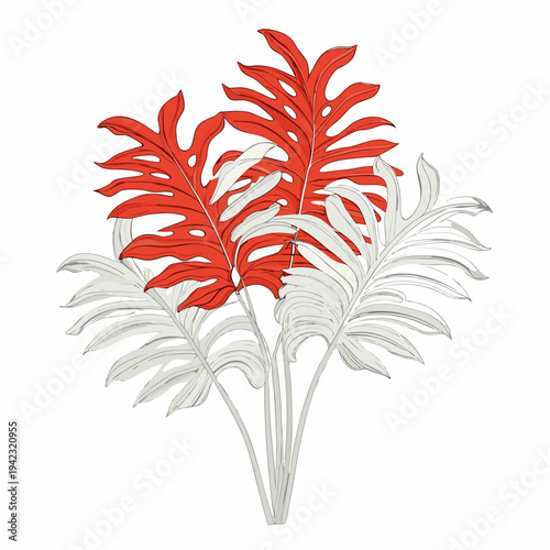 Stylized monstera deliciosa leaves in red and white tones displayed
