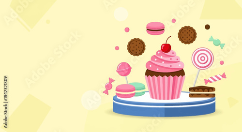 Delicious sweet treats floating around a cupcake