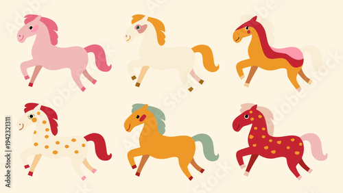 Stylized illustration of six colorful horses in various poses