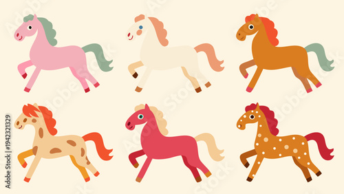 Colorful cartoon horses prancing and rearing in a playful arrangement