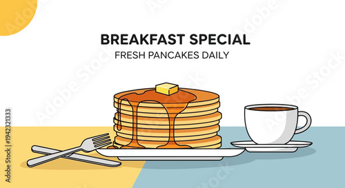 Delicious stack of pancakes with butter and syrup on plate