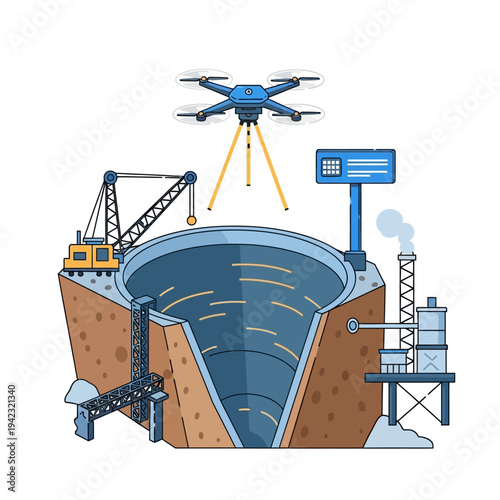 Drone surveying an open pit mine with industrial facilities and heavy machinery, illustrating modern industrial operations.