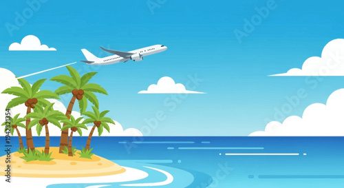 Airplane flying over tropical island with palm trees