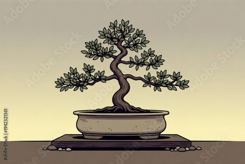 Artistic Bonsai Tree with Twisted Branches in Pot Illustration