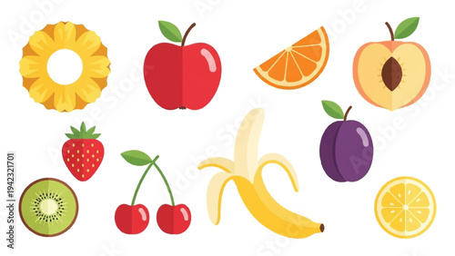 A vibrant collection of stylized fruit icons including apple, banana, strawberry, orange, and kiwi. Perfect for healthy lifestyle infographics, kitchen decor, and nutritional branding.