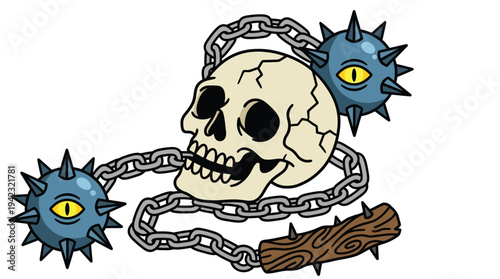 Edgy Skull Biting Chain with Spiked Eyeball Flails and Club Vector