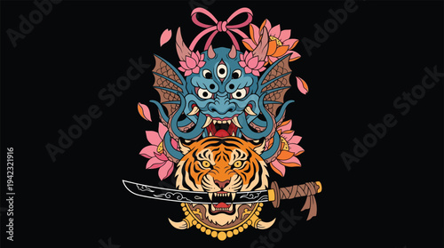 Japanese Tattoo Style Tiger Holding Sword with Oni Mask and Lotus Vector