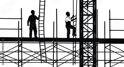 Construction workers on scaffolding silhouettes with ladder and building framework, industrial labor and architecture development concept vector illustration isolated on white background