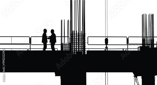 Construction workers silhouettes on building site with steel reinforcement bars and platform, industrial engineering and infrastructure development concept vector illustration isolated on 