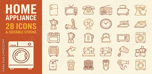 A comprehensive collection of modern and vintage household appliance line art icons, perfect for web, mobile app, and graphic design projects
