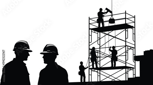 Construction workers silhouettes on scaffold tower with engineers supervising building work, industrial construction teamwork and site safety concept vector illustration isolated