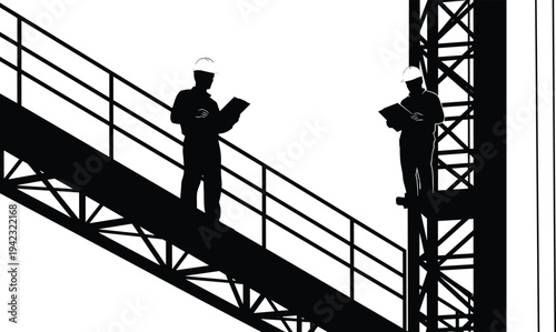 Construction workers silhouettes on industrial steel structure staircase reading blueprints, engineering inspection and building site safety concept vector illustration isolated on white