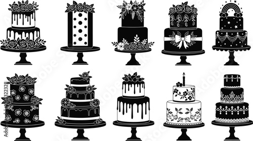 Decorative tiered cake silhouettes collection with wedding, birthday and celebration desserts, elegant pastry bakery design vector illustration set isolated on white background
