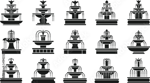 Decorative water fountain silhouettes collection with classic garden and city park fountains, architectural water feature vector illustration set isolated on white background
