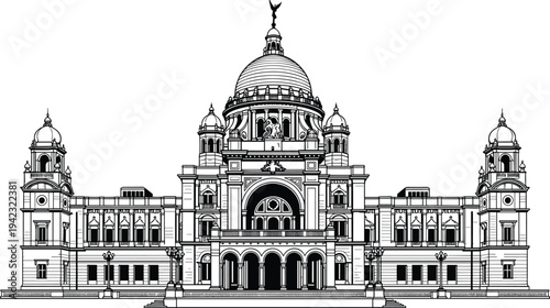 Detailed black and white architectural illustration of grand classical building with domes, columns, and ornate facade, symbolizing European heritage, palace design, historic architecture, and