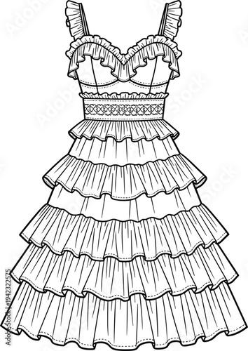 Detailed fashion illustration of women’s sleeveless ruffled dress with sweetheart neckline, layered tiered skirt, decorative waistband, and elegant garment construction design concept for clothing a