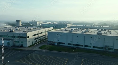 Aerial View of Large Modern Industrial Warehouse Complex with Parking Lot Foggy Morning Manufacturing Facility Scene 4K HD Ultra Video