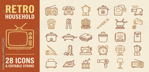 A collection of 28 retro household appliance icons with editable strokes, perfect for vintage-themed designs and user interfaces