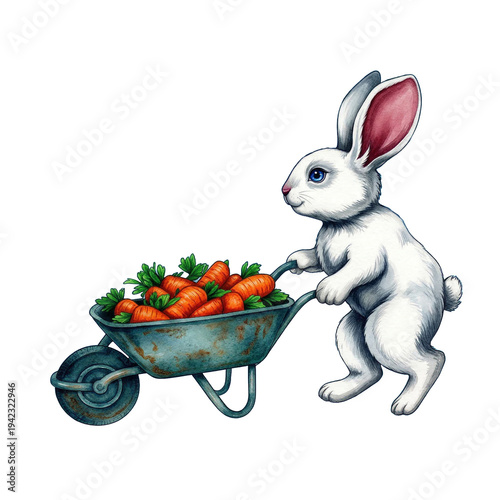 blue‑eyed white rabbit pushing a wheelbarrow of bright carrots under a soft watercolor sky
