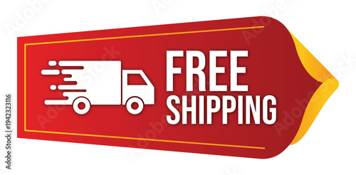 Red free shipping stickers with white truck icon for e commerce store promotion and fast retail delivery service graphic